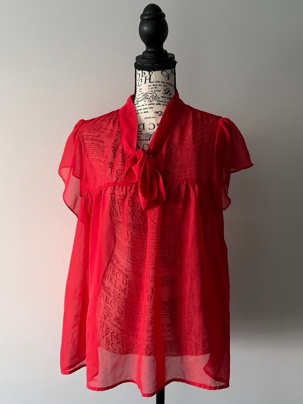 Red Tie-Neck Sheer Blouse - Women's Top